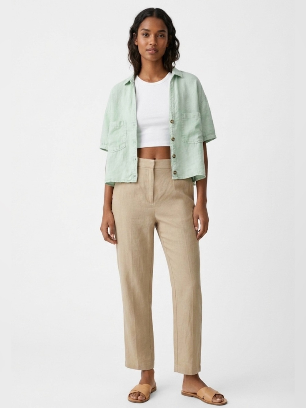 Zara Linen Crop Short Sleeve Button Down Blouse Mint Green Large Boho